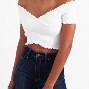 NWT Hollister Smocked Wrap Off-The-Shoulder Crop Top White XS
